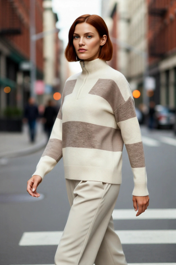 Women's Oversized Zippered Striped Stand Collar Low Sleeve Knitwear Sweater Stylish Choice for Winter Days