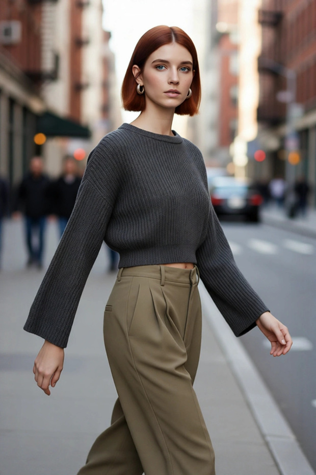 Women's Oversize Gray Acrylic Thessaloniki Woven Super Crop Spanish Sleeve Knitwear Sweater into Your Daily Style