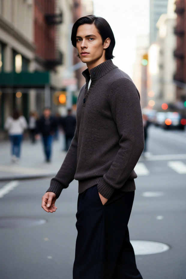 Men's Gray Fitted Cut Buttoned Stand Collar Thick Knit Sweater Stylish Choice for Winter Casual Outfits