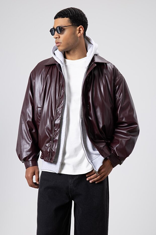 Basıc Suni Deri Oversize Ceket Bordo - 3