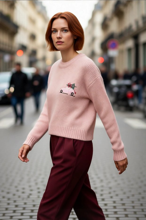 Women's Christmas-Themed Embroidered Crew Neck Low Sleeve Crop Length Medium Thick Knitwear Sweater High Quality