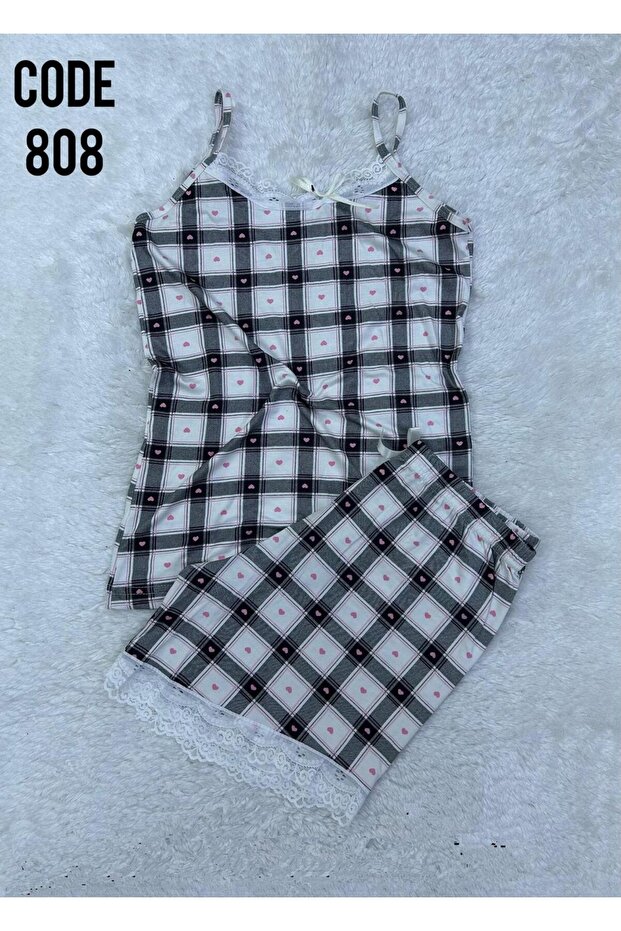 Women's White and Gray String Strap Shorts Pajama Set with Lace Detail Nightgown Dowry Pattern Soft
