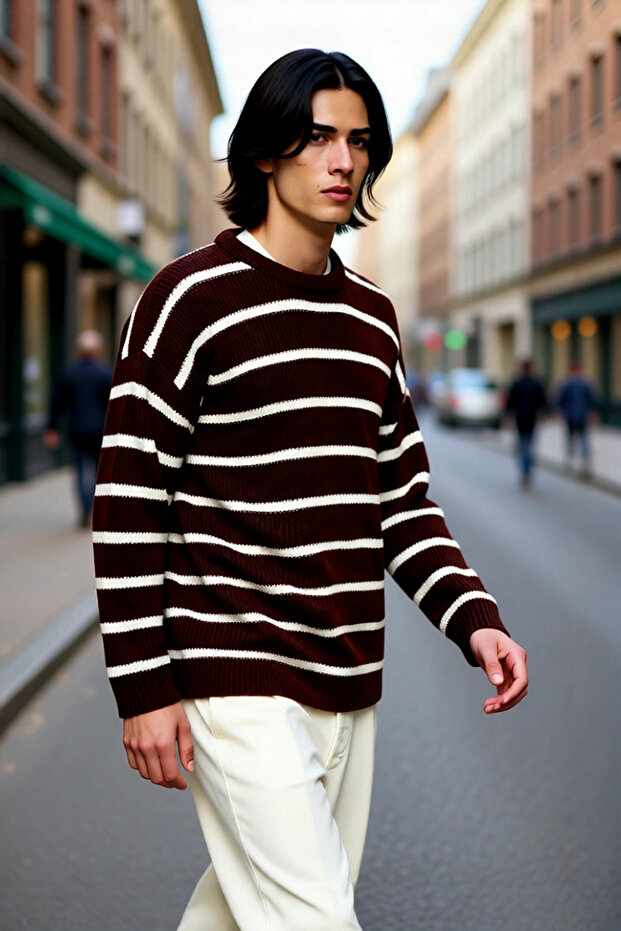 Men's Oversized Crew Neck Striped Thessaloniki Woven Thick Acrylic Winter Sweater Comfortable Style