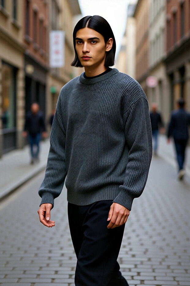 Men's Oversize Fit Crew Neck Basic Thessaloniki Textured Thick Knit Sweater for Winter Casual Wear