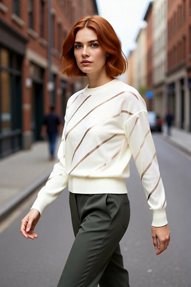 Regular Fit Openwork Knitwear Sweater for Women Crew Neck Low Sleeves Modern Elegance Quality