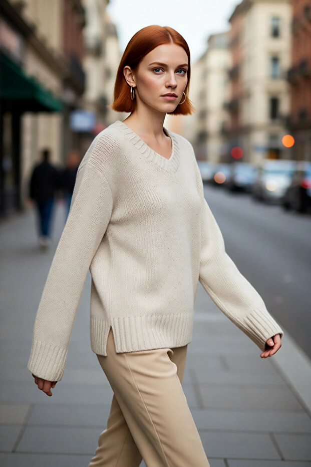 Women's Oversize V-Neck Basic Knitwear Sweater Cotton Polyester Blend Long Sleeve Winter Casual Style