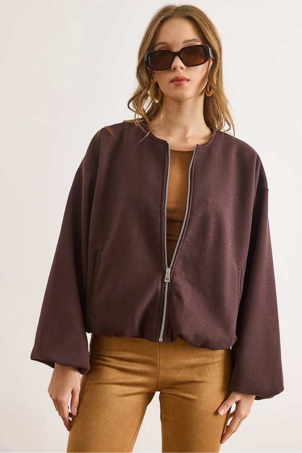 Women's Brown Crew Neck Pocketed Lined Cashmere Jacket Ckt-19000489