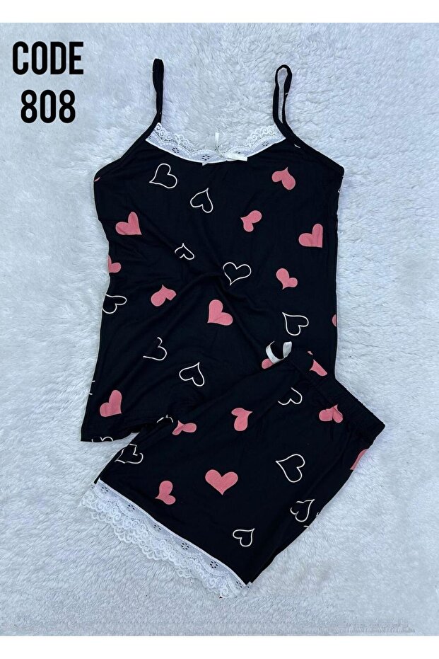 Women's Black String Strap Shorts Pajama Set Lace Detailed Nightgown Dowry Suit Heart Pattern Soft