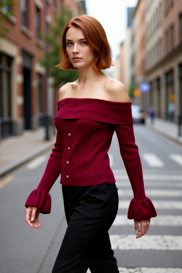 Women's Burgundy Fitted Carmen Collar Acrylic Knitwear Sweater Long Sleeve Ribbed Woven Stylish Design Quality