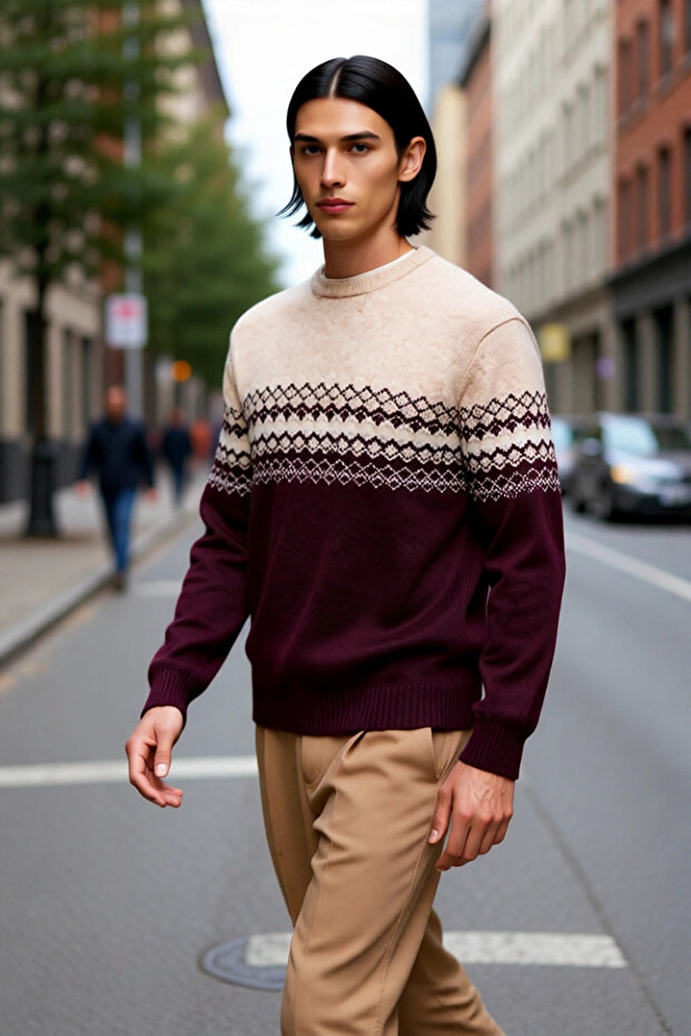 Men's Fitted Ethnic Patterned Crew Neck Knit Sweater Ideal for Winter Days a Stylish and Comfortable One