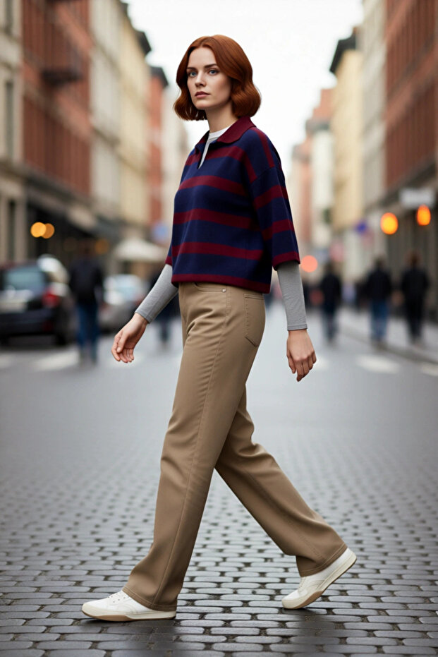 Women's Polo Neck Striped Basic Knit Sweater Comfortable Design Offering Everyday Chic with Regular Fit