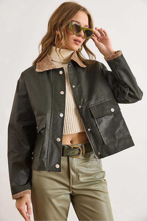 Women's Khaki Plaid Lined Pocketed Coated Jacket Ckt-19000492