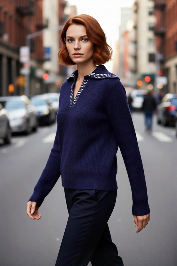 Women's Regular Fit Turn-Down Collar Stone Detailed Low-Sleeve Knitwear Sweater Is an Indispensable Item for Winter Elegance.