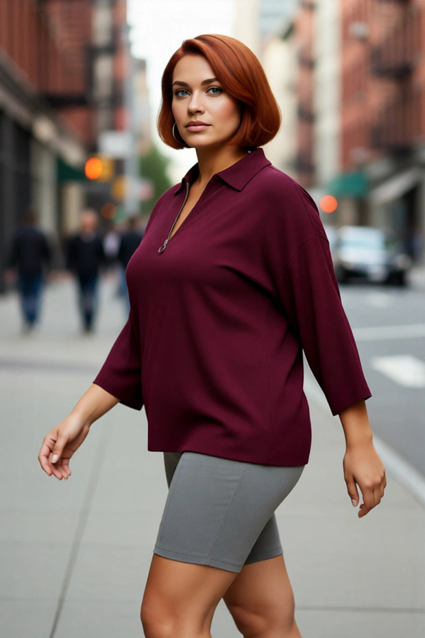 Women's Relaxed Fit Polo Neck Zipper Detail Low Sleeve Three Quarter Knitwear Sweater Plus Size Comfortable