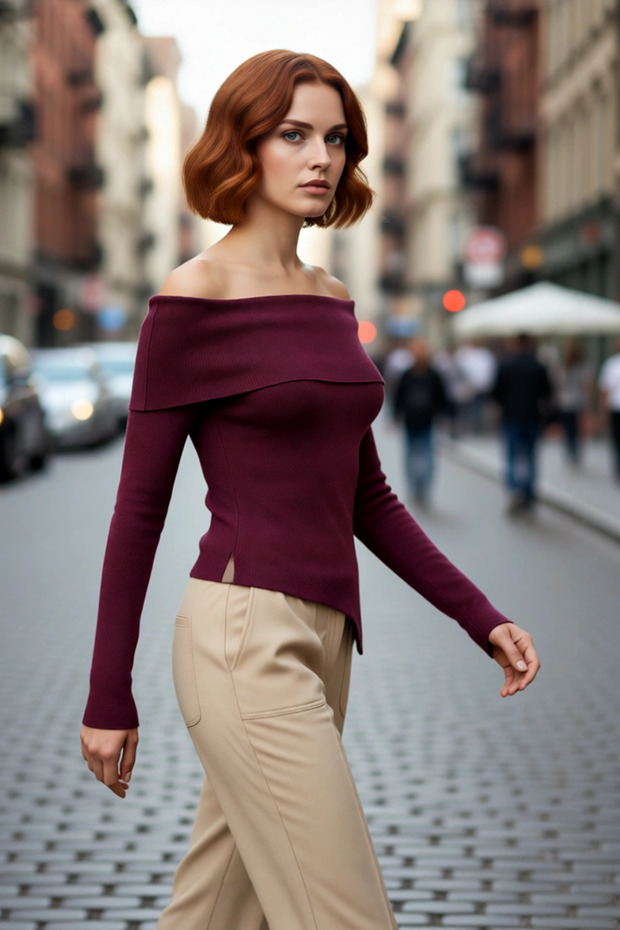Women's Fitted Carmen Collar Slim Knitwear Sweater Long Standard Sleeve Plain Premium Yarn Autumn Chic