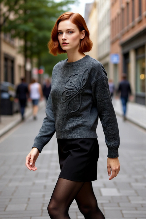 Embroidered Floral Pattern Gray Knitwear Sweater for Women Crew Neck Regular Fit Winter Chic