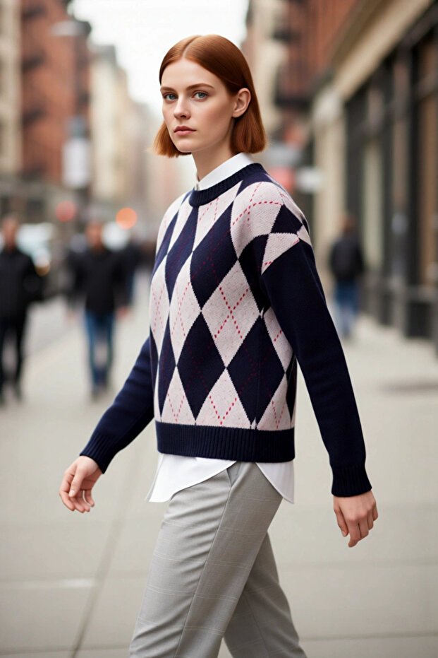 Women's Oversized Crew Neck Argyle Patterned Low-Sleeve Knit Sweater Adds Elegance to Winter Style