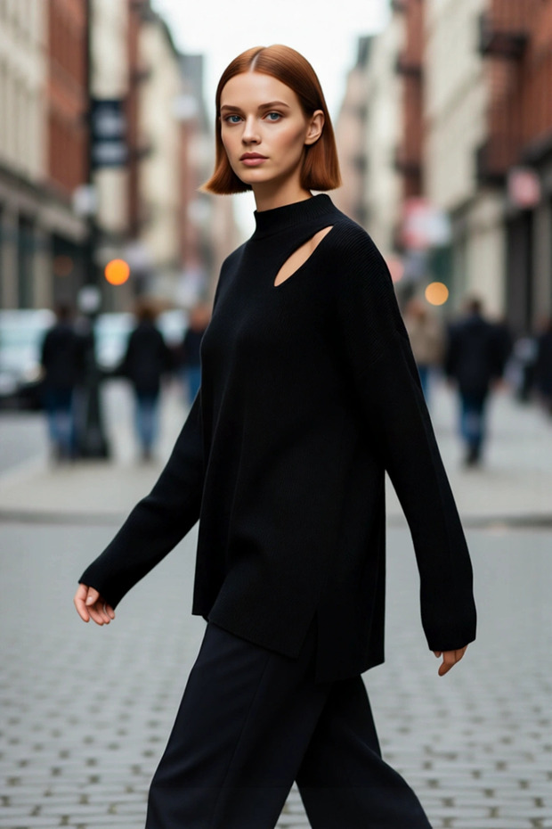 Women's Oversize Cut Out Detailed Black Knitwear Sweater Acrylic Ribbed Long Sleeve for Your Winter Outfits
