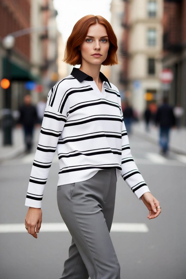 Women's Oversize Polo Neck Striped Knitwear Sweater Low Sleeve Relaxed Fit Ideal for Everyday Chic