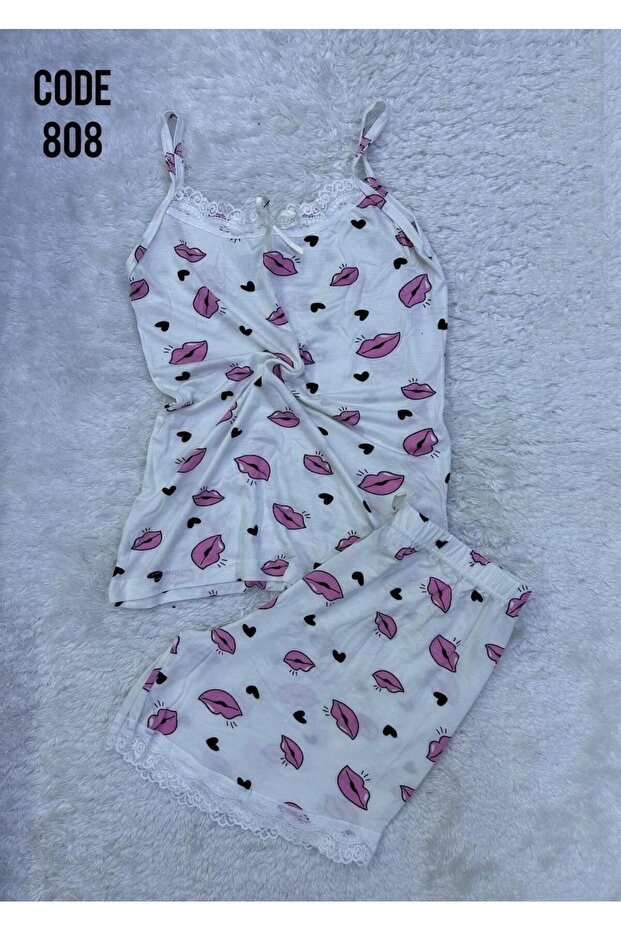 Women's White String Strap Shorts Pajama Set Lace Detailed Nightgown Dowry Dress Lip Patterned Soft
