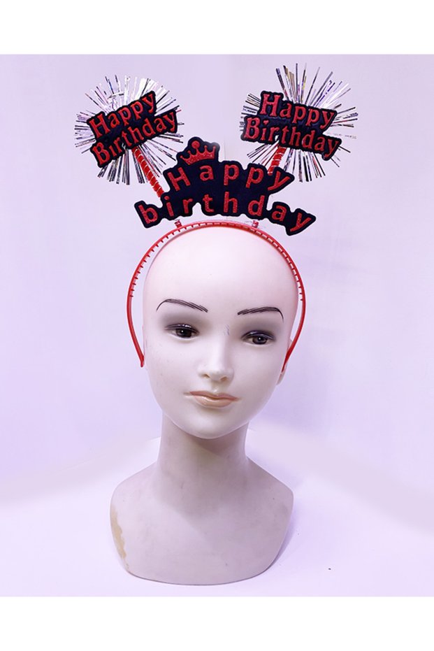 Happy Birthday Written Neon Red Color Birthday Crown with Tassels 22X19 cm