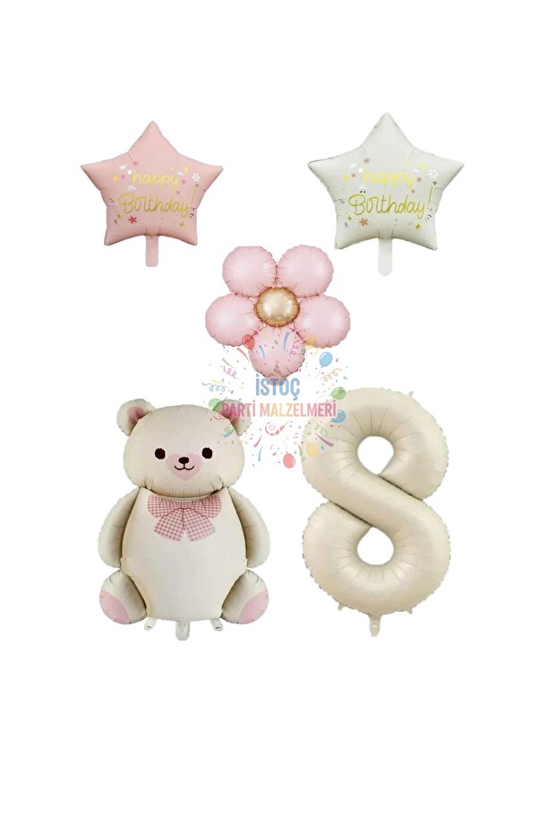 Istoc Cream Color Number and Teddy Bear Star Daisy Foil Balloon Set Age 8