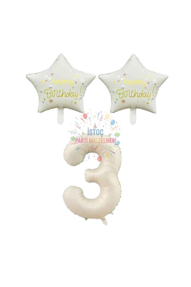 Istoç Beige Number and Happy Birthday Written Star Foil Balloon Set Age 3