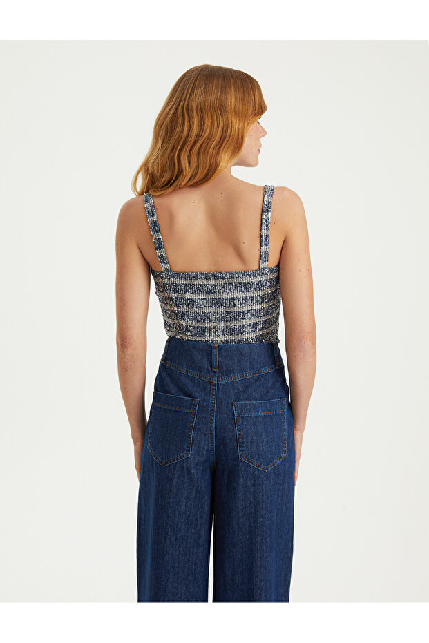 Baskılı İnce Askı Payet Bluz - 6