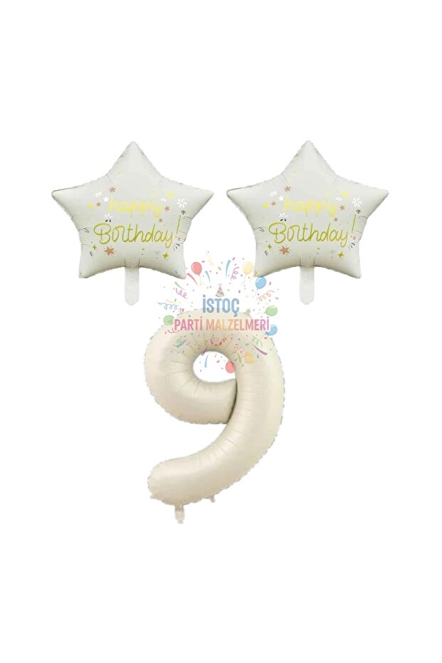 İstoç Beige Number and Happy Birthday Written Star Foil Balloon Set Age 9