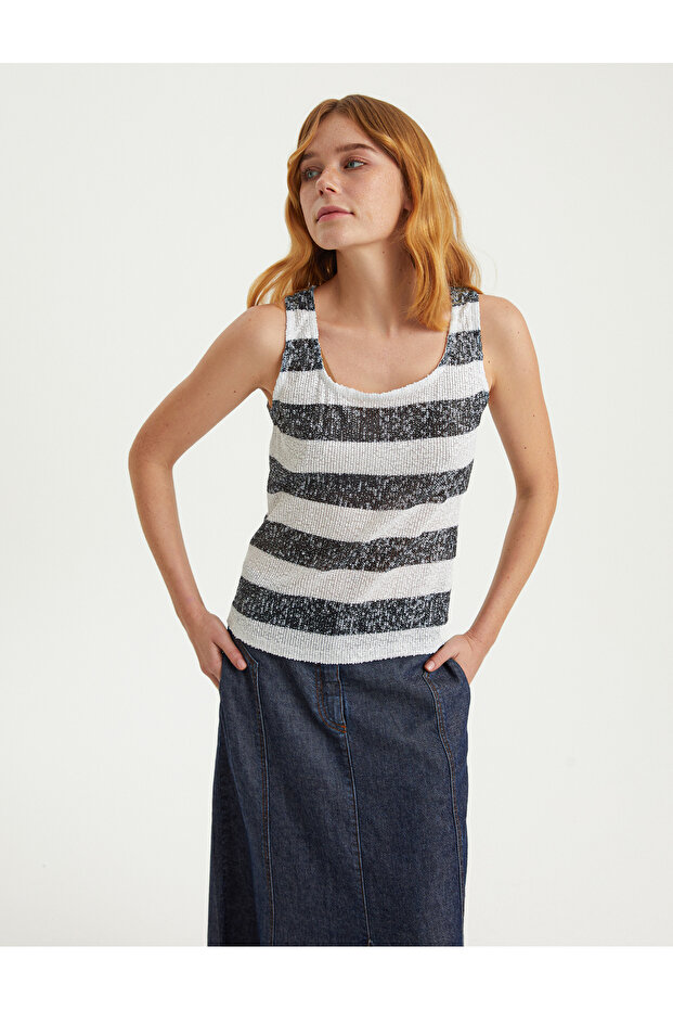 Baskılı Kalın Askı Payet Bluz - 2