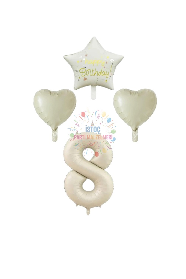 İstoç Cream Color Number Happy Birthday Written Star and Heart Foil Balloon Set Age 8