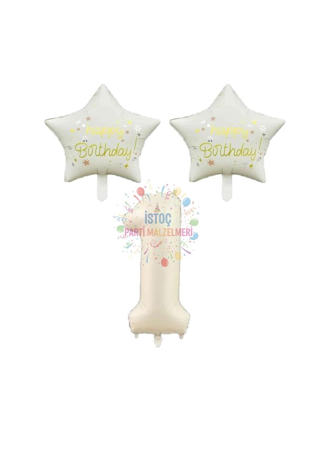 İstoç Beige Number and Happy Birthday Written Star Foil Balloon Set Age 1