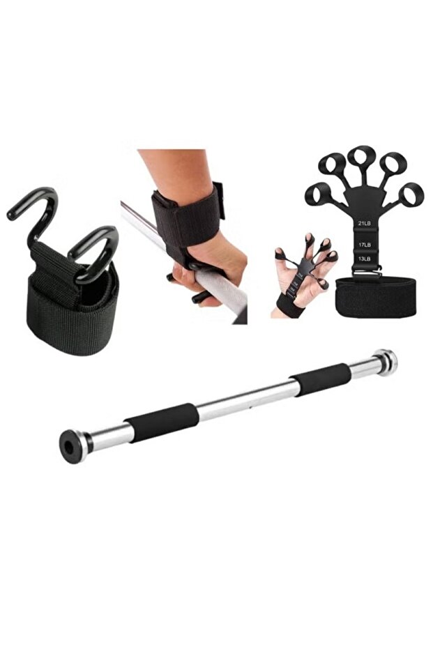 A complete 4-piece exercise set for strengthening arm and grip muscles. Includes a door pull-up bar and tools. - 1