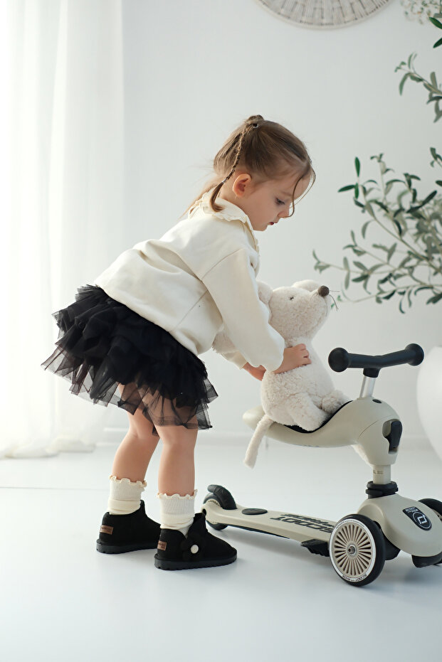 Minto Kız Çocuk ve Bebek Siyah Bot - Süet Ortopedik Kaymaz Taban Kışlık Kar Botu Kürklü Çiçek Figür - 6