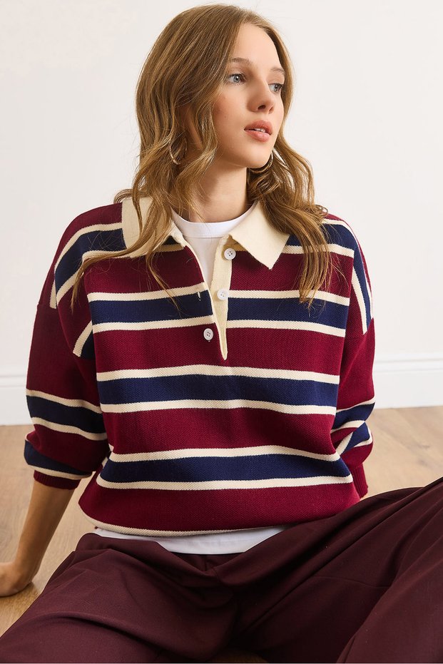 Women's Burgundy Navy Blue Polo Neck Striped Knit Sweater Kzk-19001030
