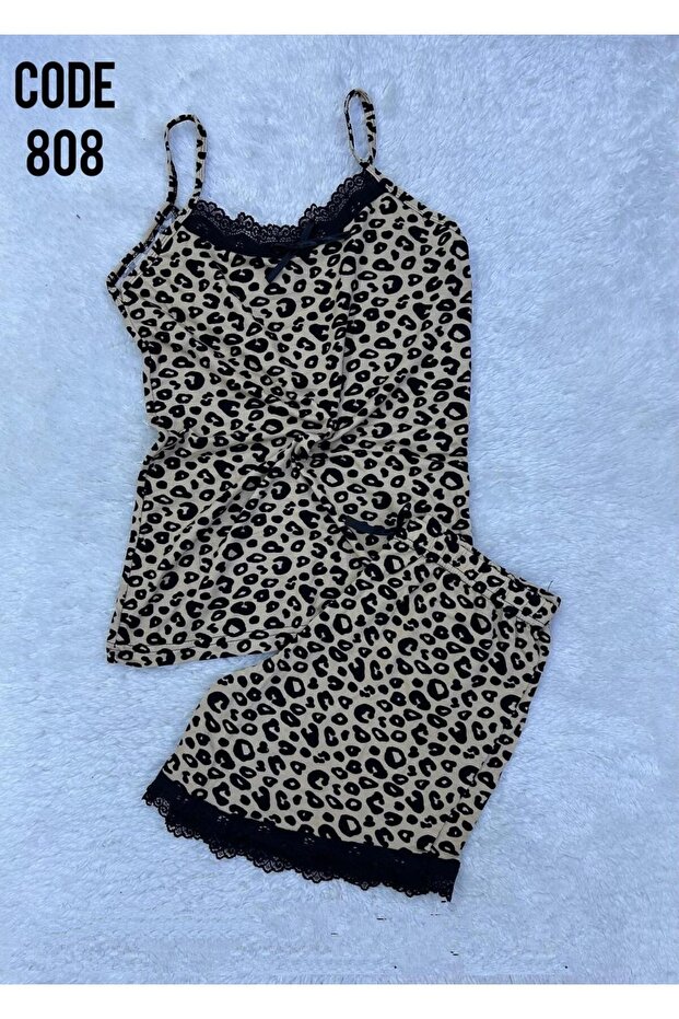 Women's Rope Strap Shorts Pajama Set Lace Detailed Nightgown Dowry Leopard Pattern Soft