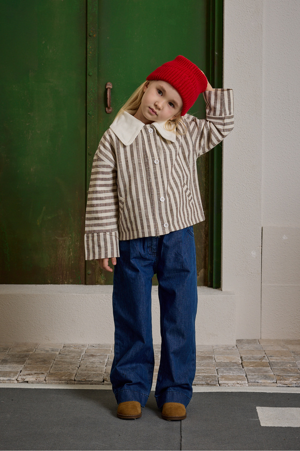 Collared Striped Jacket Beige - 1