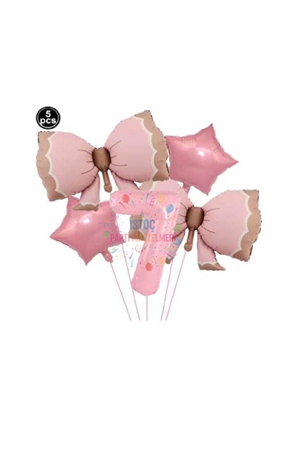 Pink Color Bow Number Star Foil Balloon Set Age 7
