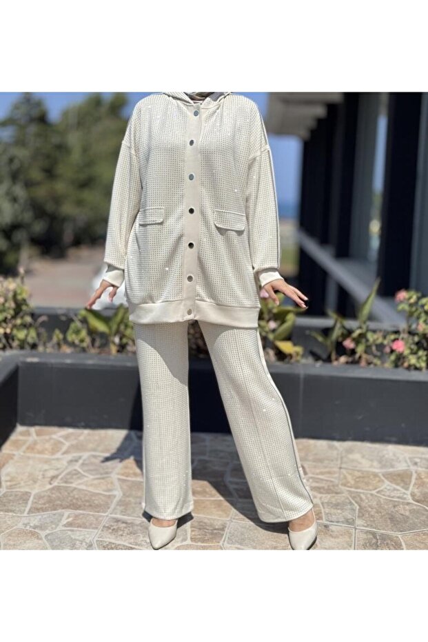 Stone Detailed Cap Trousers Set 2451