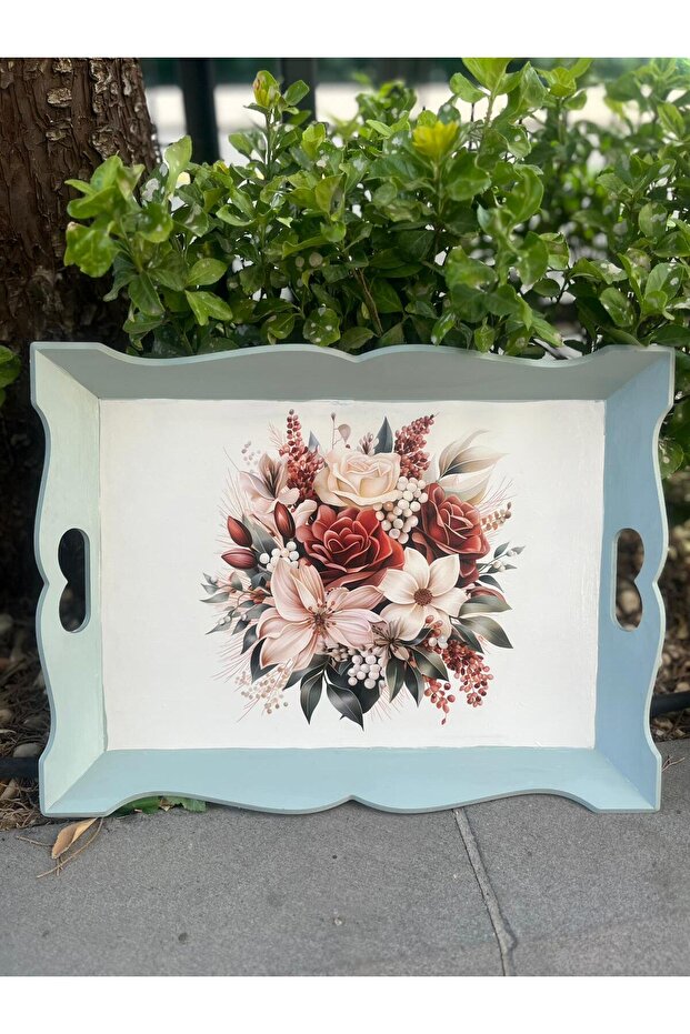 Flower Patterned Hand Painted Wooden Tea-Coffee Tray, Presentation Tray 39X31Cm