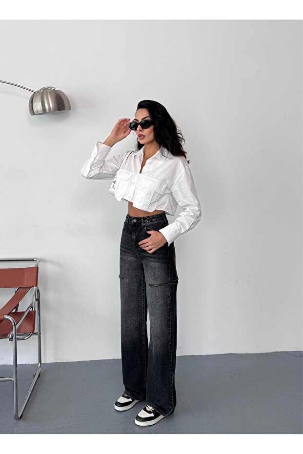 Kadın füme baggy jean yüksek bel kot pantolon denim kumaş yanlardan lazerli - 6