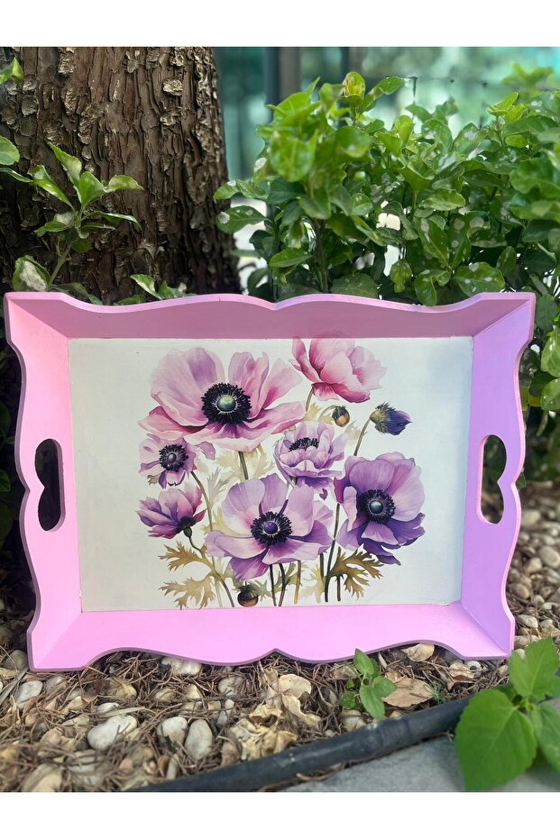 Flower Patterned Hand Painted Wooden Tea-Coffee Tray, Presentation Tray 39X31Cm