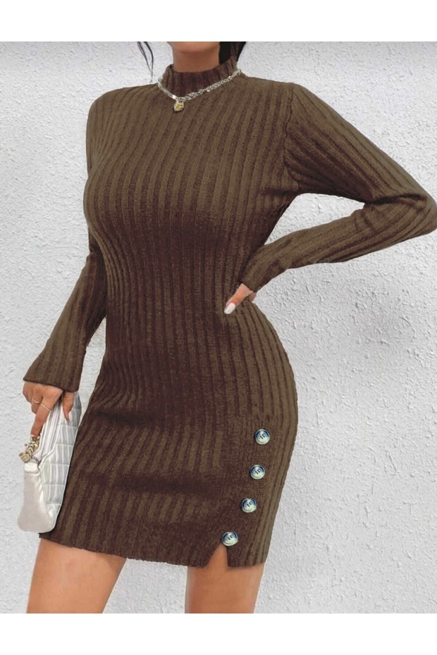 Half Fisherman Slit Detail Ornamental Button Women's Knitwear Dress