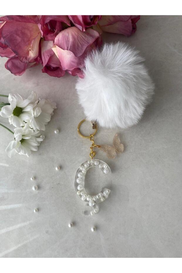 Letter C Pearl Detailed Keychain & Charm [with Pompom Option]