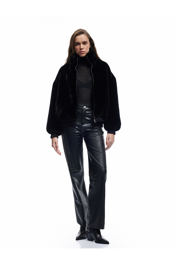 Zippered Stand Collar Pocket Faux Fur Plush Oversize Crop Coat