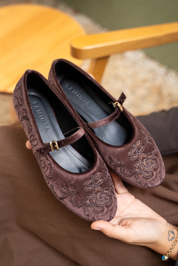 Semy Dark Brown Velvet Embroidery Detail Women's Ballet Flats