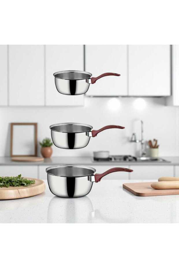 3-Piece Stainless Steel Milk Jug Coffee Pot Set with Red Handle (18Cm+15Cm+14Cm)