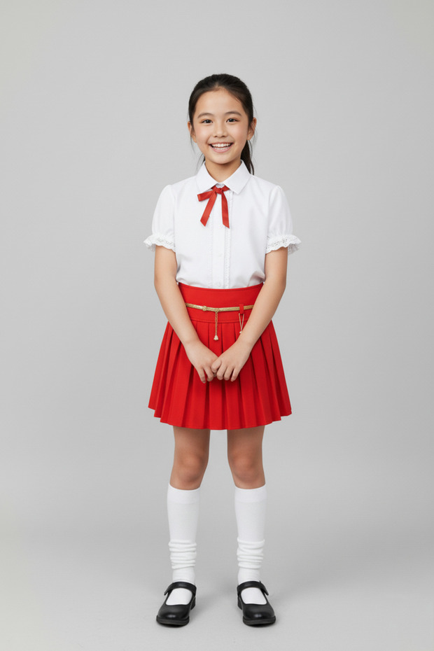 Girl's Red Bow White Shirt Red Pleated Skirt Performance Suit April 23 October 29 November 10