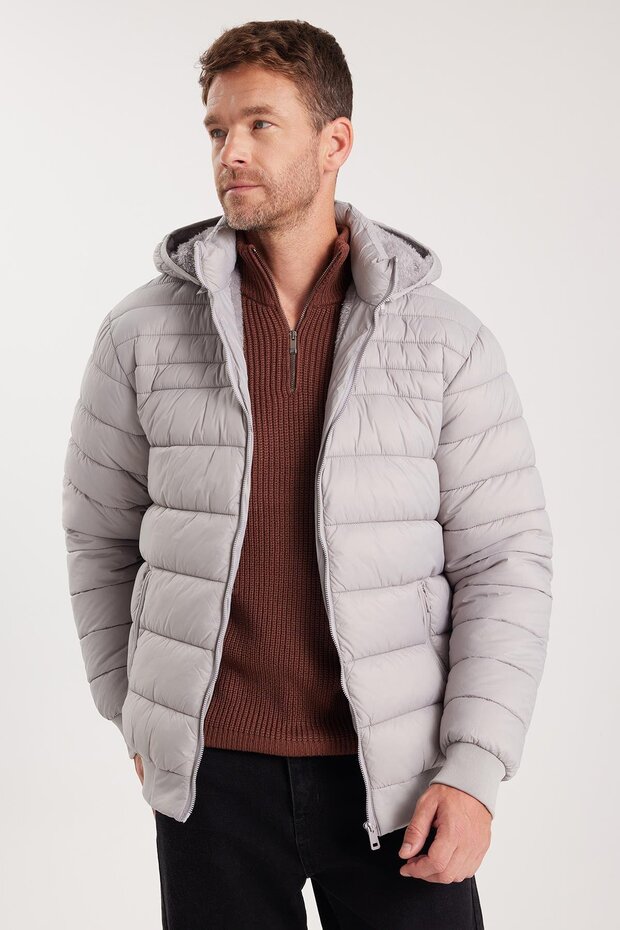 Men's Relax Fit Comfortable Cut Double Pocket Hooded Warm Fleece Lined Gray Coat