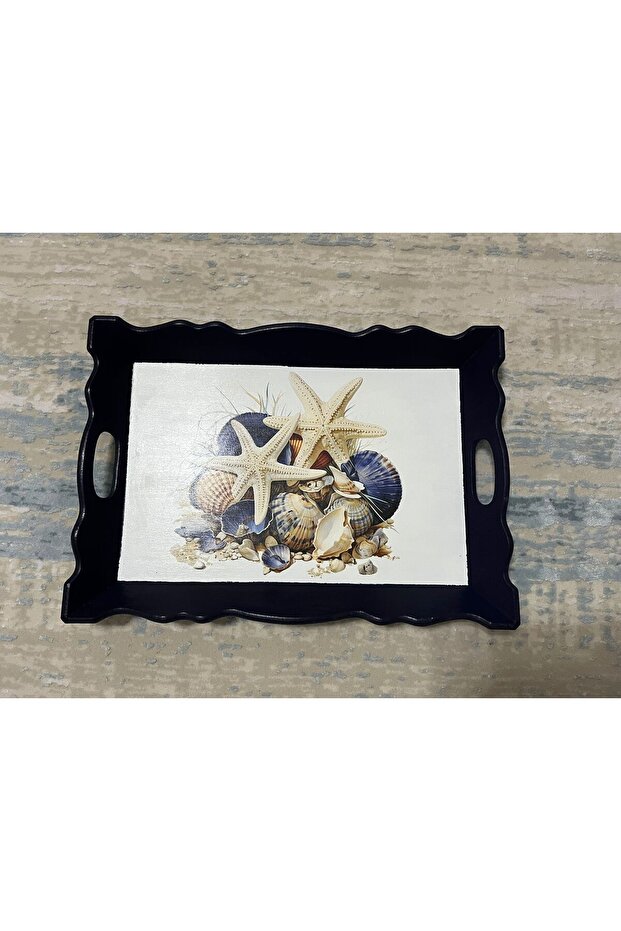 Oyster Patterned Hand Painted Wooden Tea-Coffee Tray, Presentation Tray 39X27Cm
